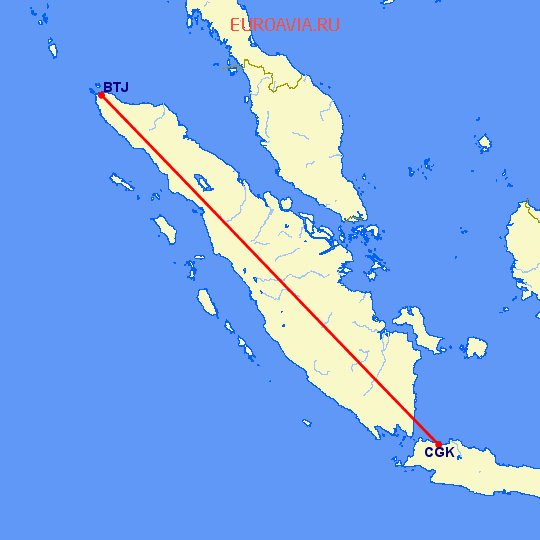 перелет Джакарта — Банда Асе на карте