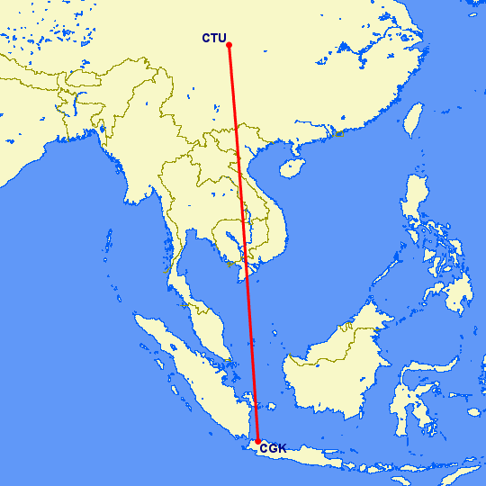 перелет Джакарта — Ченгду на карте
