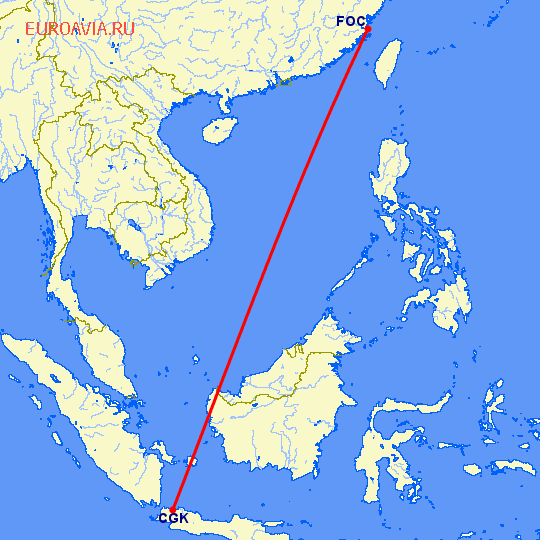 перелет Джакарта — Фучжоу на карте