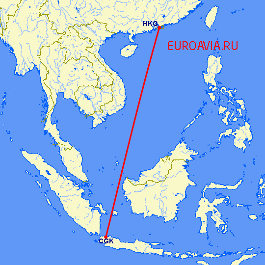 перелет Джакарта — Гонконг на карте