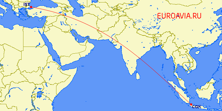 перелет Джакарта — Стамбул на карте
