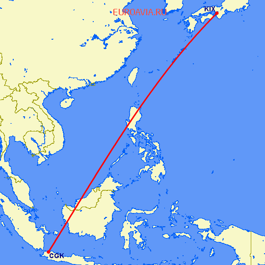 перелет Джакарта — Осака на карте