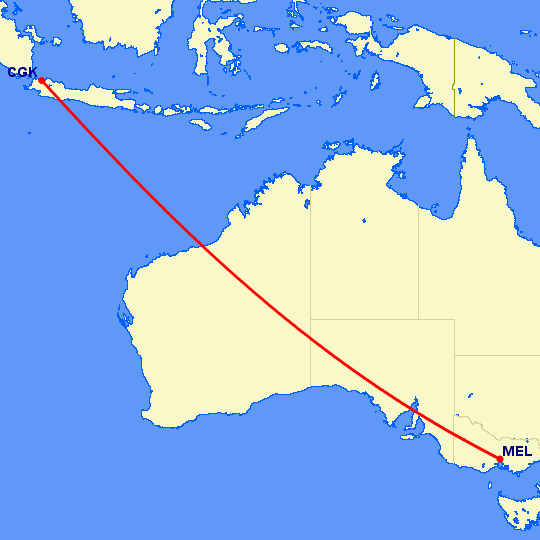 перелет Джакарта — Мельбурн на карте