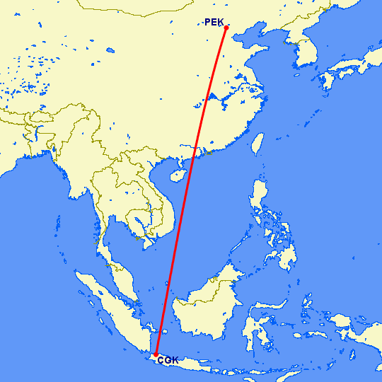 перелет Джакарта — Пекин на карте