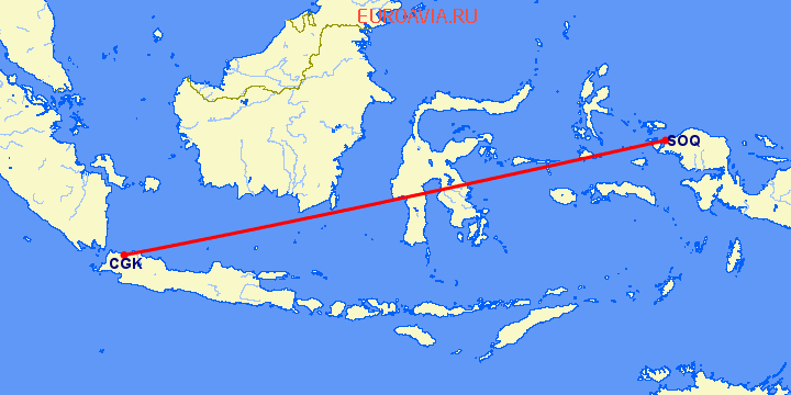 перелет Джакарта — Sorong на карте