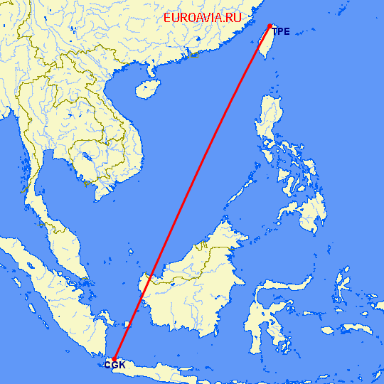 перелет Джакарта — Тайбэй на карте