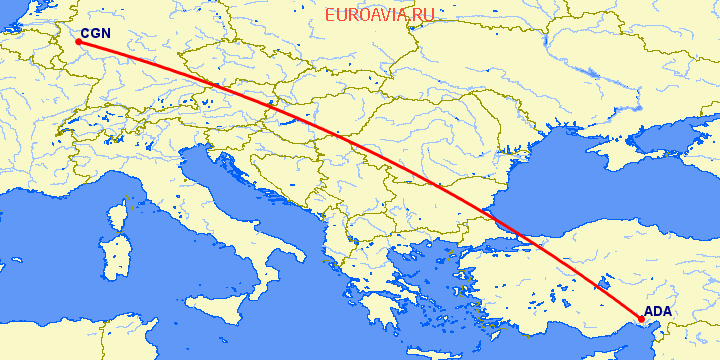 перелет Кельн — Адана на карте