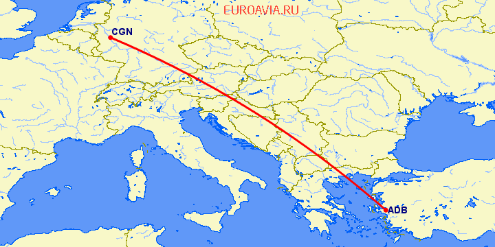 перелет Кельн — Измир на карте