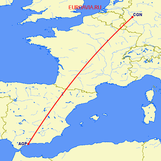 перелет Кельн — Малага на карте
