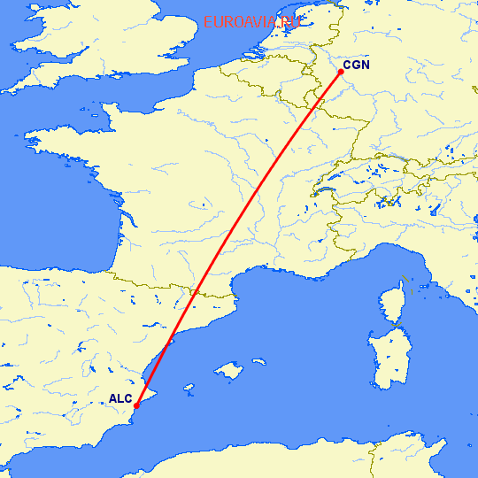 перелет Кельн — Аликанте на карте