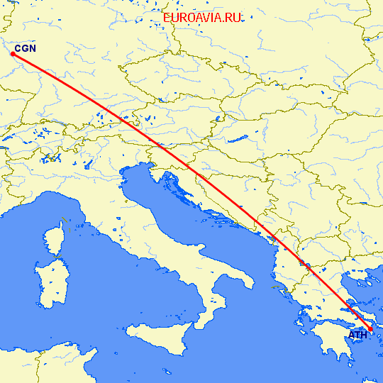 перелет Кельн — Афины на карте