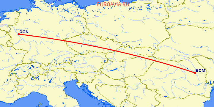 перелет Кельн — Бакэу на карте