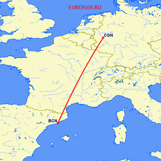 перелет Кельн — Барселона на карте