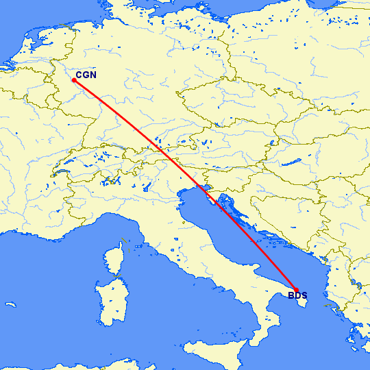 перелет Кельн — Бриндизи на карте