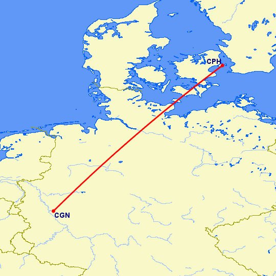 перелет Кельн — Копенгаген на карте