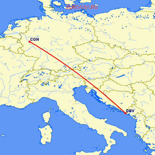 перелет Кельн — Дубровник на карте