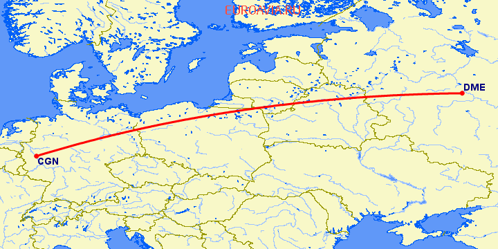 перелет Кельн — Москва на карте