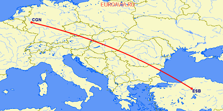 перелет Кельн — Анкара на карте