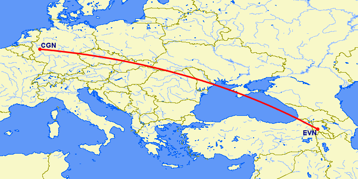 перелет Кельн — Ереван на карте