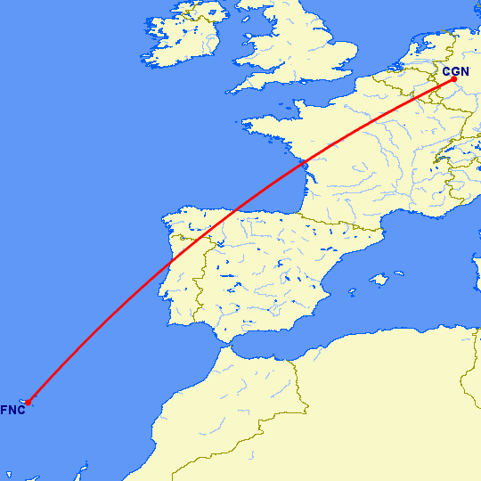 перелет Кельн — Фуншал  на карте