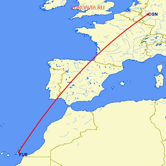 перелет Кельн — Пуэрто дель Росарио на карте