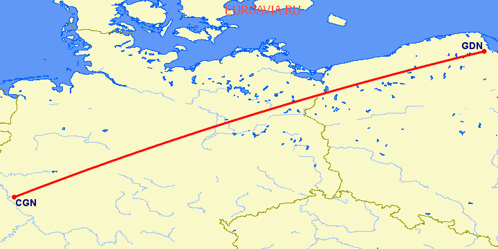 перелет Кельн — Гданьск на карте