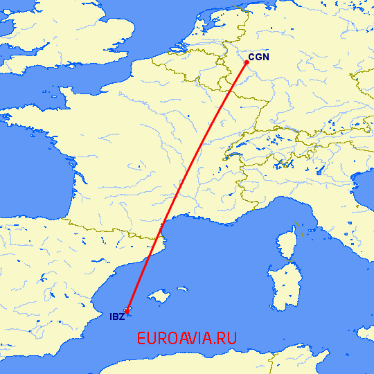 перелет Кельн — Ибица на карте