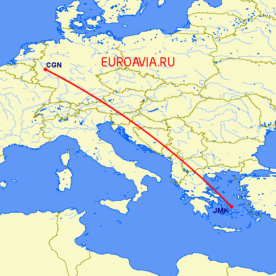 перелет Кельн — Миконос на карте