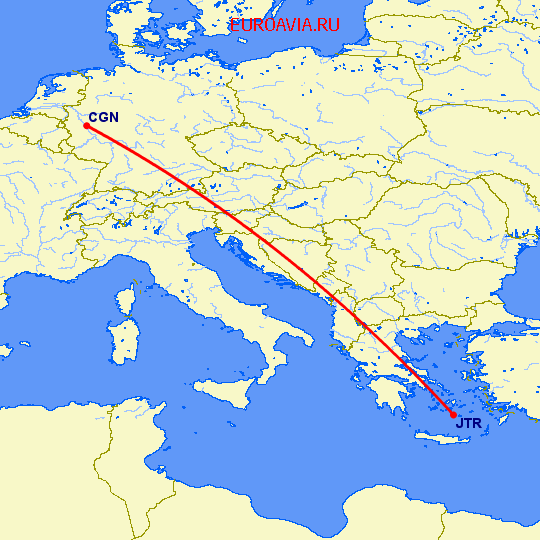 перелет Кельн — Санторини на карте