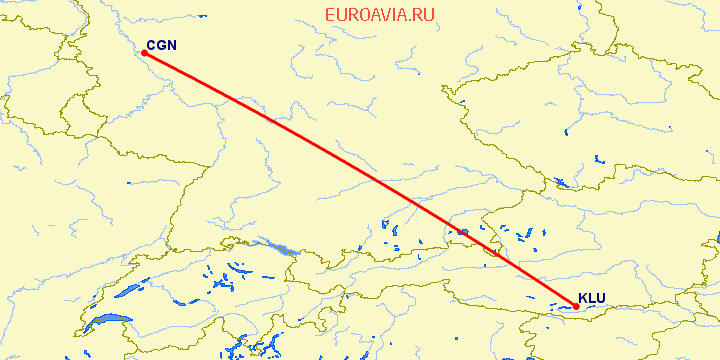 перелет Кельн — Клагенфурт на карте