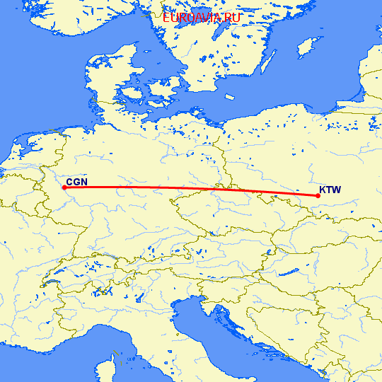 перелет Кельн — Катовице на карте