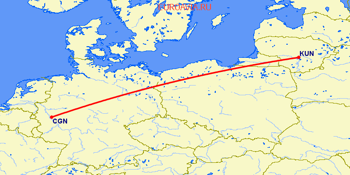 перелет Кельн — Каунас на карте