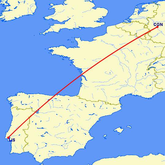 перелет Кельн — Лиссабон на карте