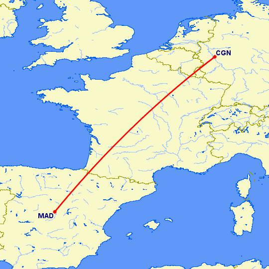 перелет Кельн — Мадрид на карте