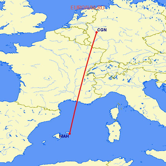 перелет Кельн — Менорка на карте