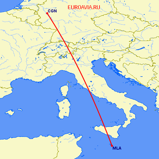 перелет Кельн — Мальта на карте