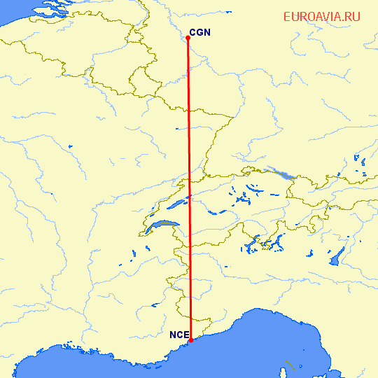 перелет Кельн — Ницца на карте