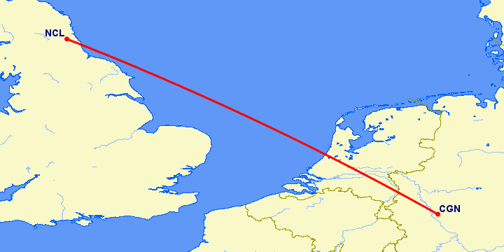 перелет Кельн — Ньюкасл на карте