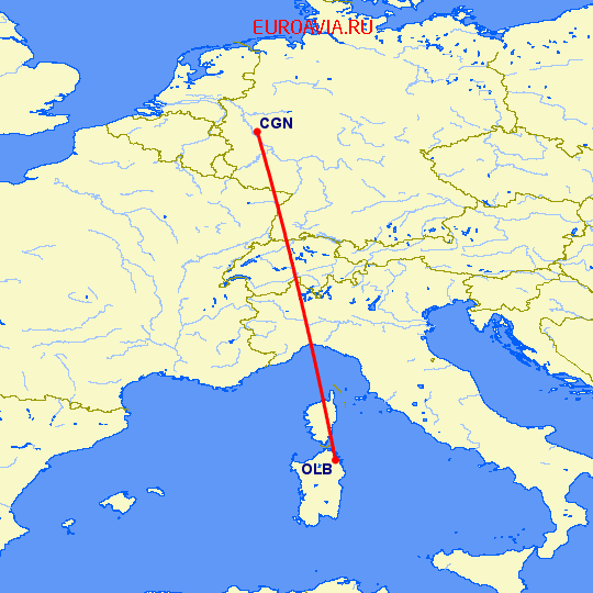 перелет Кельн — Costa Smeralda на карте