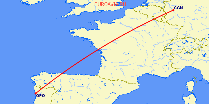 перелет Кельн — Порту на карте