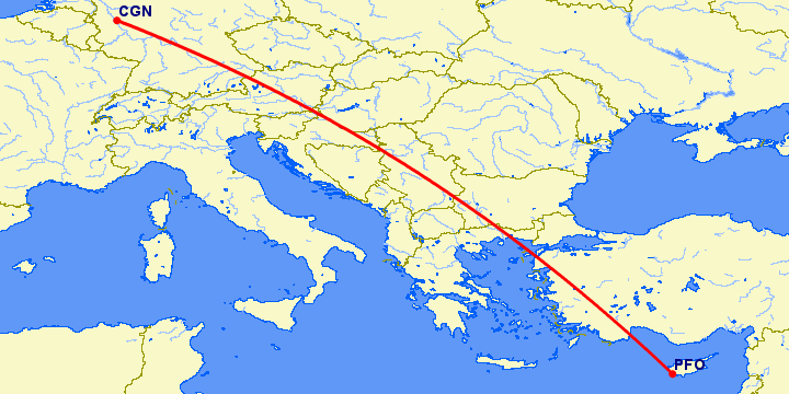 перелет Кельн — Пафос на карте