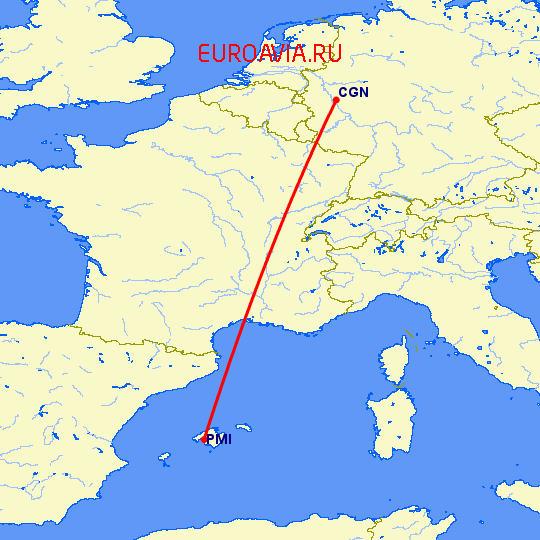 перелет Кельн — Пальма де Майорка на карте