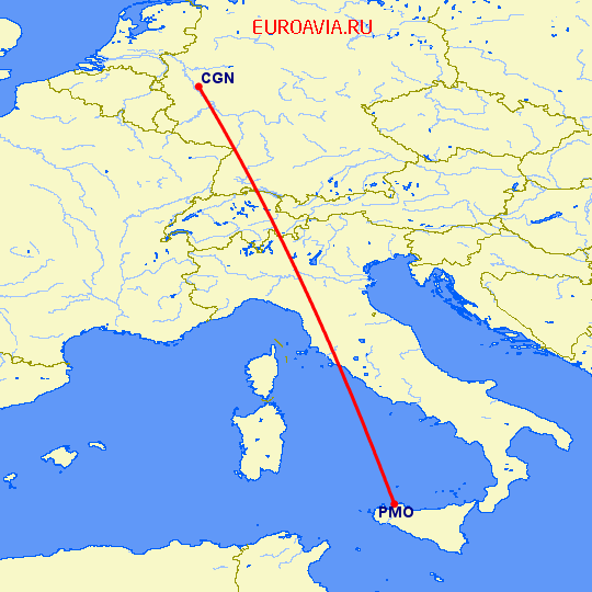 перелет Кельн — Палермо на карте