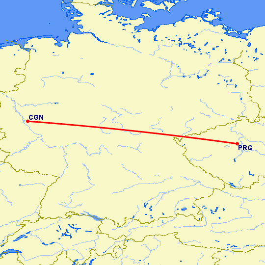 перелет Кельн — Прага на карте