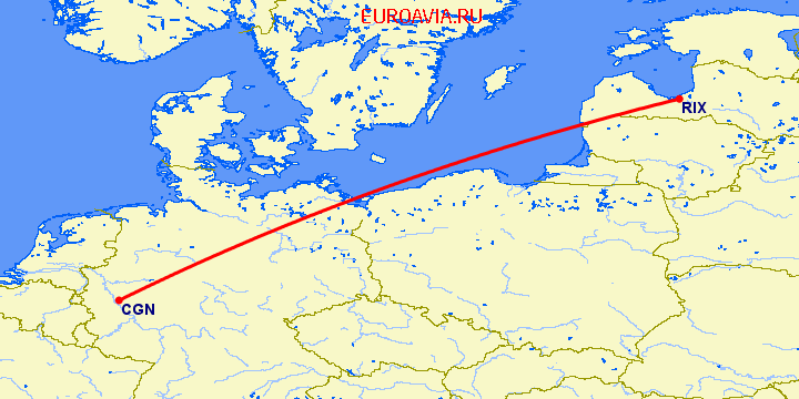 перелет Кельн — Рига на карте