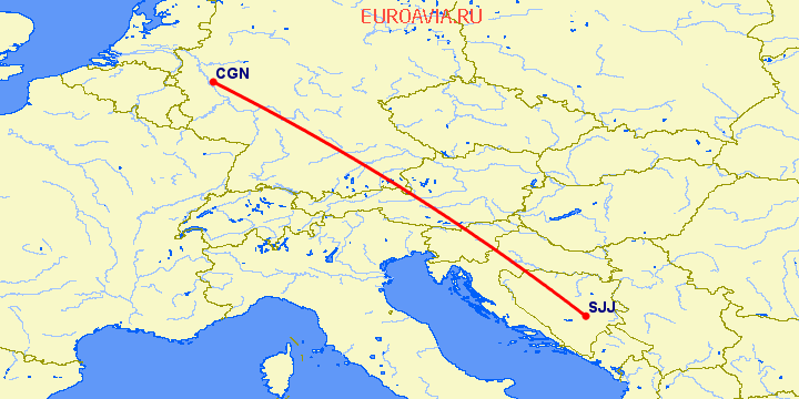 перелет Кельн — Сараево на карте