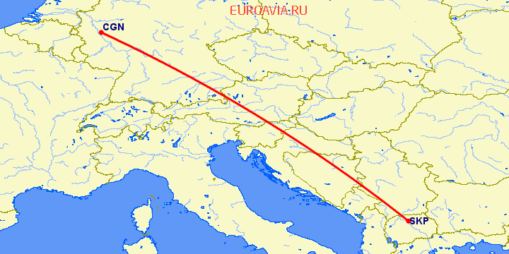 перелет Кельн — Скопье на карте