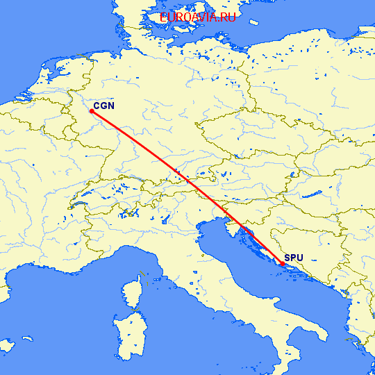 перелет Кельн — Сплит на карте
