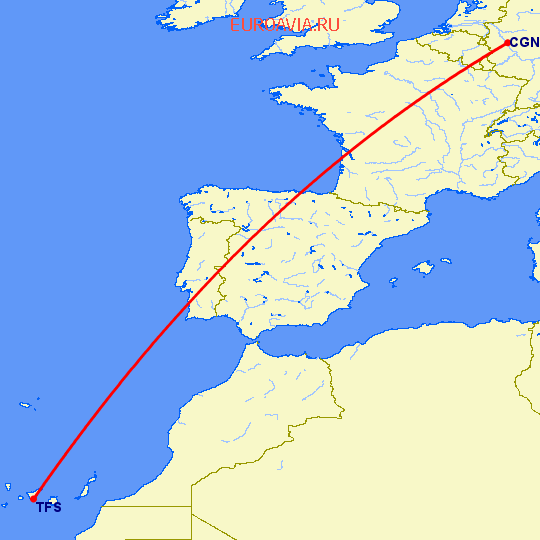 перелет Кельн — Тенерифе на карте
