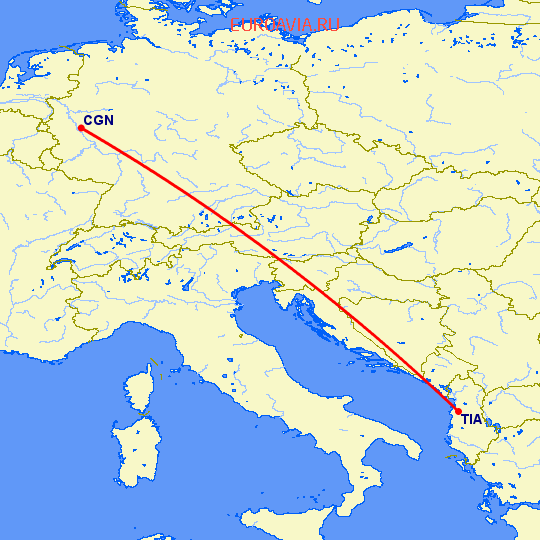перелет Кельн — Тирана на карте